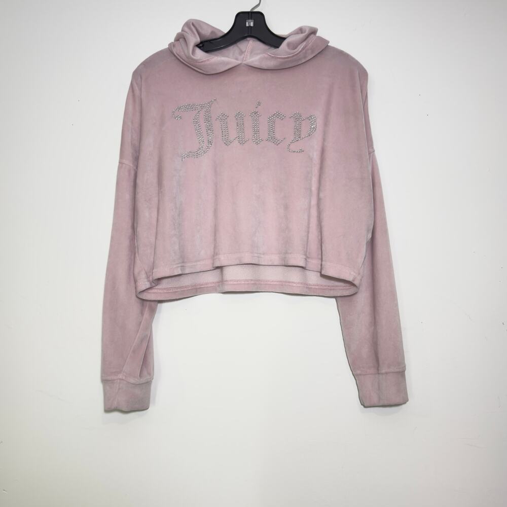 JUICY COUTURE Vintage Spelled Out Logo Velour Hooded Lounge Shirt Sz M Medium